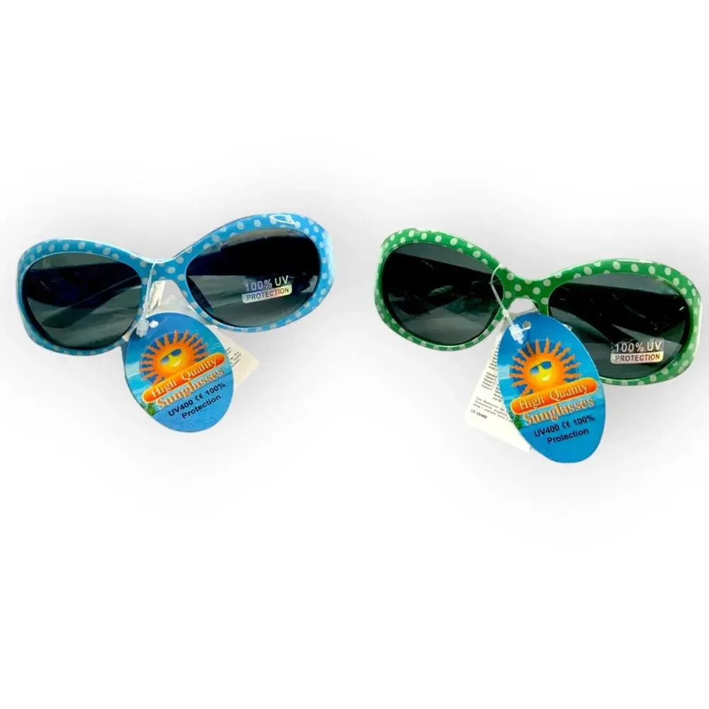 Kids Sunglasses 100% UV Protection Green & Blue Retro Frames & White Polka Dots